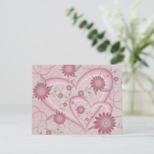 Roze abstracte harten en bloemen liefde fractale k notitiekaartje