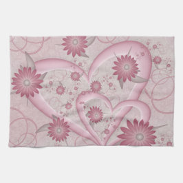 Roze abstracte harten en bloemen liefde fractale k theedoek