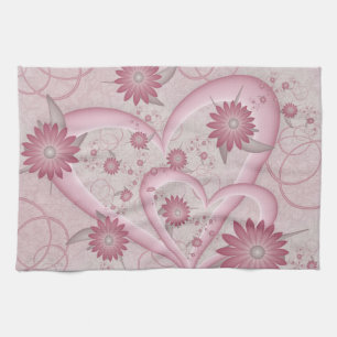 Roze abstracte harten en bloemen liefde fractale k theedoek