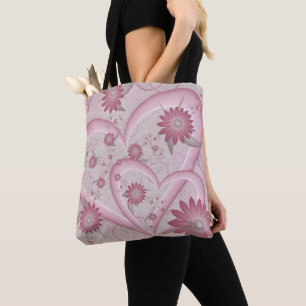 Roze abstracte harten en bloemen liefde fractale k tote bag