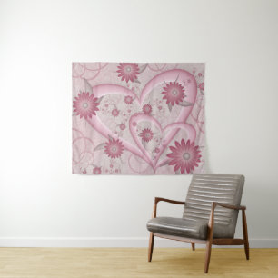 Roze abstracte harten en bloemen liefde fractale k wandkleed