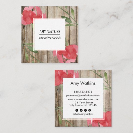 Roze Abstracte Rozen Buds, Rustic Wood, Sociale Pi Vierkante Visitekaartje (Voorkant / Achterkant)