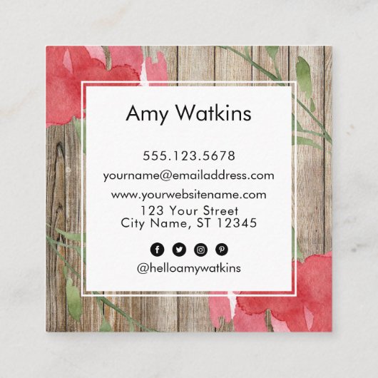 Roze Abstracte Rozen Buds, Rustic Wood, Sociale Pi Vierkante Visitekaartje (Achterkant)
