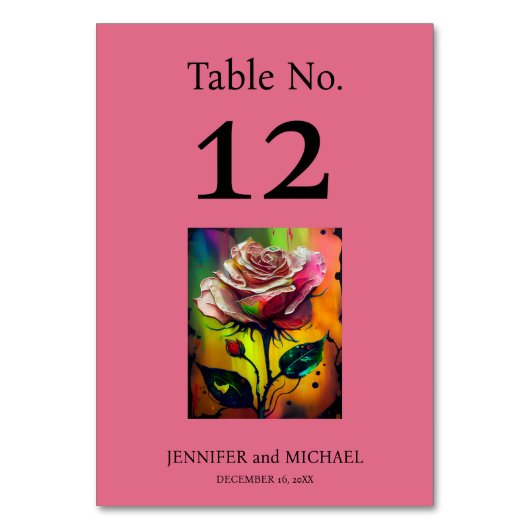 Roze Abstracte Rozen Trouwtafel Nummer Kaart (Voorkant)