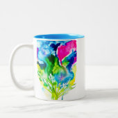 Roze abstracte waterverf Cyclamen flower Tweekleurige Koffiemok (Links)