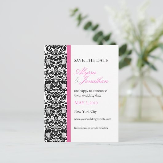 Roze accenten Damask Save the Date Kaart (Staand voorkant)