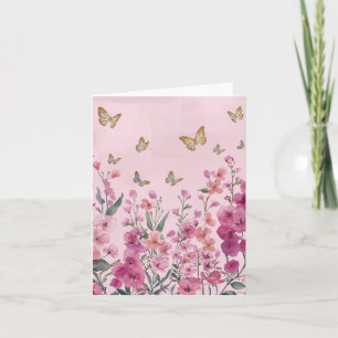 Roze achtergrond, bloemen, vlinders blanco kaart