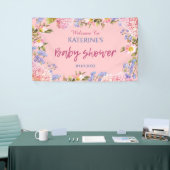 Roze Achtergrond Bloemrijke Rand Welkom Baby Showe Spandoek (Beurs)
