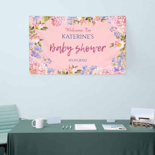 Roze Achtergrond Bloemrijke Rand Welkom Baby Showe Spandoek (Beurs)