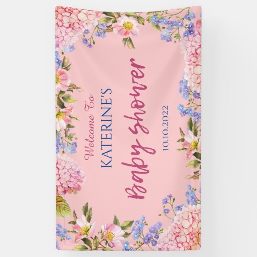 Roze Achtergrond Bloemrijke Rand Welkom Baby Showe Spandoek (Verticaal)