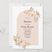Roze achtergrond, boho doop uitnodiging voor meisj (Voorkant)