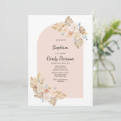 Roze achtergrond, boho doop uitnodiging voor meisj (Staand voorkant)