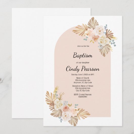 Roze achtergrond, boho doop uitnodiging voor meisj (Voorkant / Achterkant)