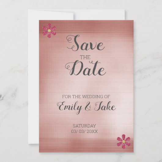 Roze achtergrond en glitter Flowers Save The Date (Voorkant)
