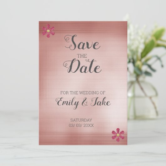 Roze achtergrond en glitter Flowers Save The Date (Staand voorkant)
