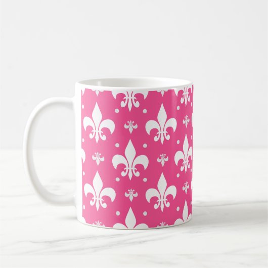 Roze Achtergrond Fleur-de-lis Patroonontwerp Koffiemok (Links)