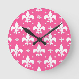 Roze Achtergrond Fleur-de-lis Patroonontwerp Ronde Klok