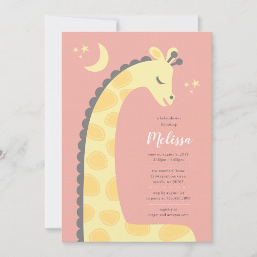 Roze achtergrond giraffe babyshower uitnodiging (Voorkant)
