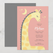 Roze achtergrond giraffe babyshower uitnodiging (Voorkant / Achterkant)