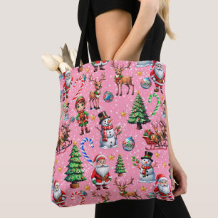 Roze Achtergrond Kerst Decoratief Patroon Tote Bag