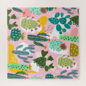 Roze achtergrond, met de hand getekend cactus patr legpuzzel (Horizontaal)