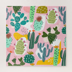 Roze achtergrond, met de hand getekend cactus patr legpuzzel