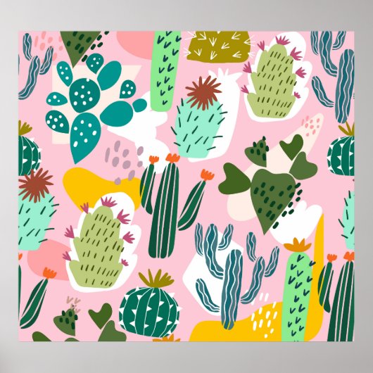 Roze achtergrond, met de hand getekend cactus patr poster (Voorkant)