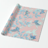 Roze achtergrond met vogels en bloemen cadeaupapier (Uitgerold)