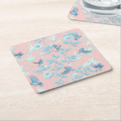 Roze achtergrond met vogels en bloemen kartonnen onderzetters (Schuin)