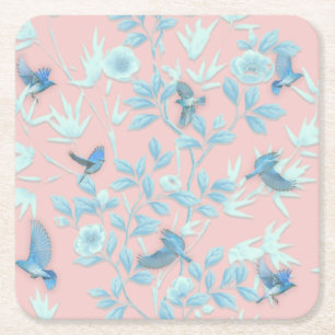 Roze achtergrond met vogels en bloemen kartonnen onderzetters