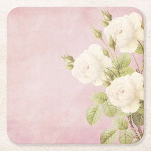 Roze achtergrond met witte rozen. kartonnen onderzetters