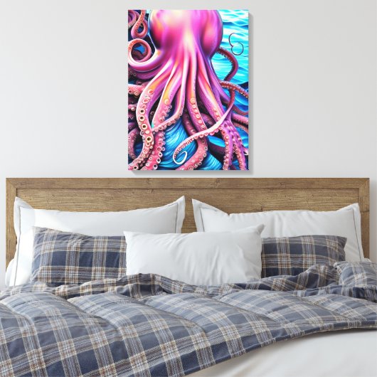 Roze achtergrond octopus Blue Ocean Wave Canvas Afdruk (Insitu (Slaapkamer))