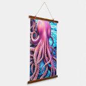 Roze achtergrond octopus Blue Ocean Wave Hangend Wandkleed (Gebogen)