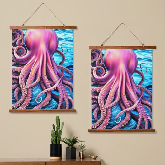 Roze achtergrond octopus Blue Ocean Wave Hangend Wandkleed (Asymmetrisch)
