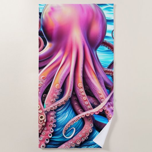 Roze achtergrond octopus Blue Ocean Wave Strandlaken (Voorkant)