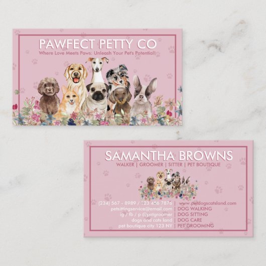 Roze Achtergrond Poot Waterverf Honden Bloemen Visitekaartje (Voorkant / Achterkant)
