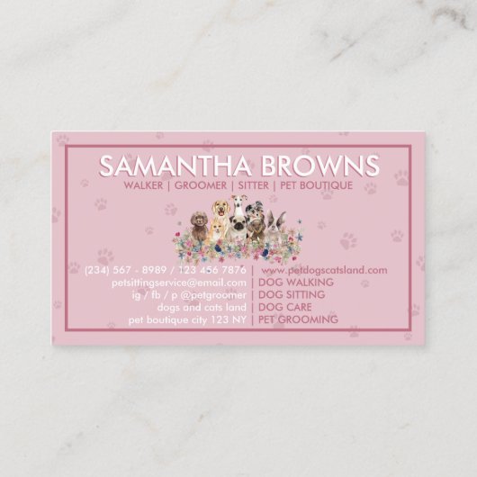 Roze Achtergrond Poot Waterverf Honden Bloemen Visitekaartje (Achterkant)