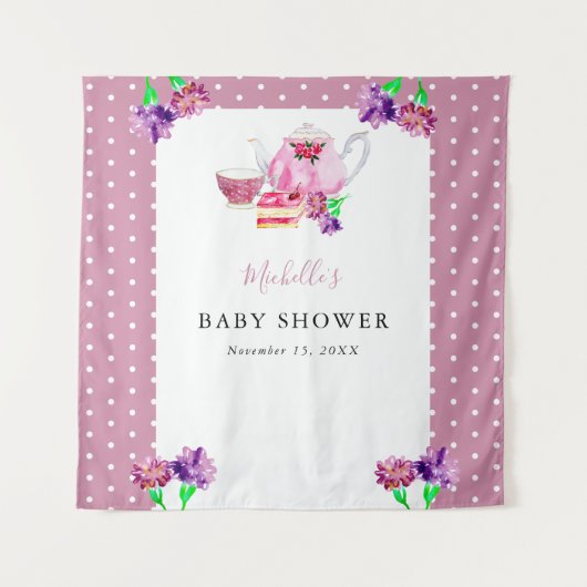 Roze achtergrond van Baby shower Tea Party Wandkleed (Voorkant)