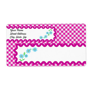 Roze achtergrondlabel voor Gingham en Flowers Etiket