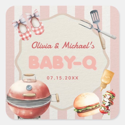 Roze Achtertuin BBQ Baby Q Baby shower Sticker (Voorkant)