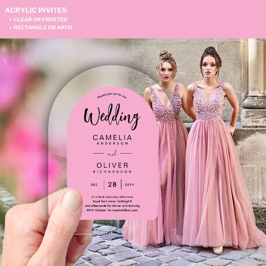 Roze acryl bruiloft nodigt zwarte tekst modern acryl uitnodigingen