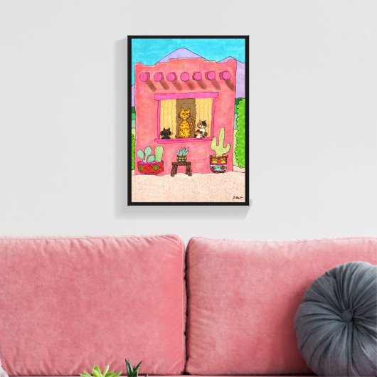 Roze Adobe House Cute Cats Taos Desert Southwest Canvas Afdruk (Insitu (Woonkamer))