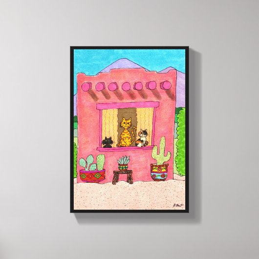 Roze Adobe House Cute Cats Taos Desert Southwest Canvas Afdruk (Voorkant)