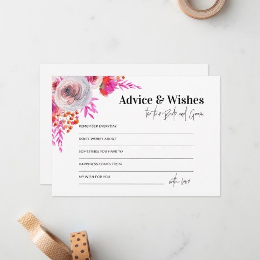 Roze advies en wensen voor de Kaart Bride en Groom Notitiekaartje (Voorkant / Achterkant in situ)