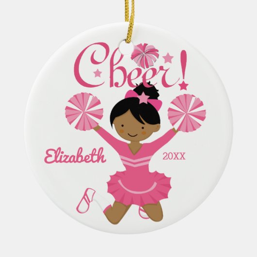 Roze Afrikaans-Amerikaanse Cheerleader Ornament (Voorkant)