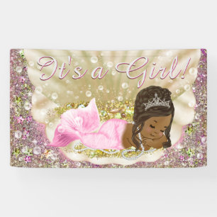 Roze Afro-Amerikaanse zeemeermin Baby shower Banne Spandoek