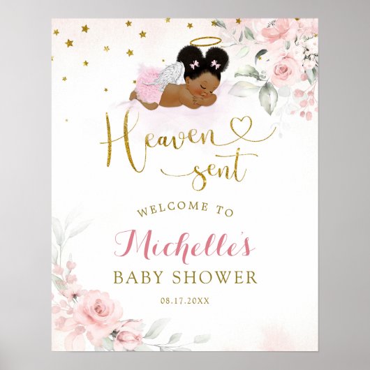 Roze Afro Angel Baby Heaven Verzonden Welkomstbord Poster (Voorkant)