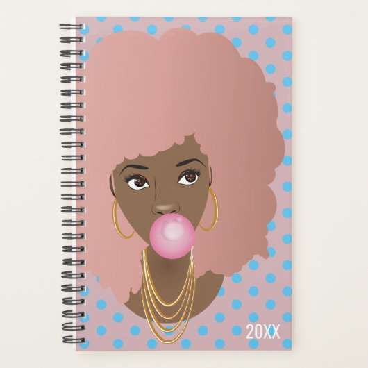 Roze Afro, blauwe polka stippen, bubble gum knalle Planner (Voorkant)
