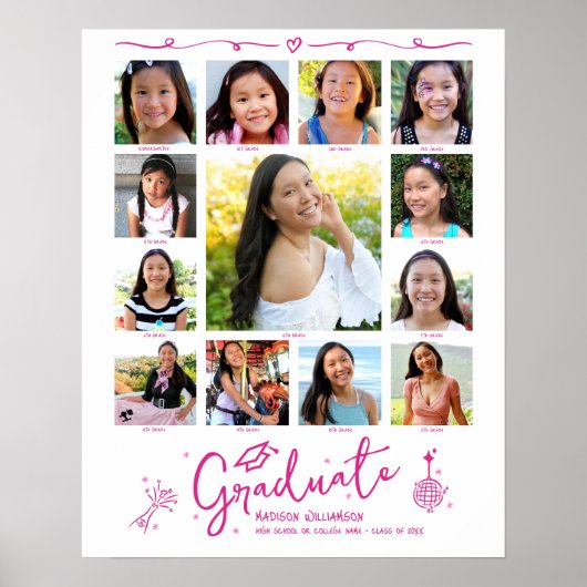 Roze afstudeer K–12 fotocollage Doodles Wit Poster (Voorkant)