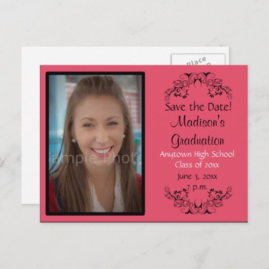 Roze Afstuderen Aangepaste foto Opslaan Datum Kaar Aankondigingskaart (Voorkant / Achterkant)